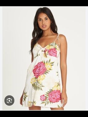 Billabong White Floral Tie-Front Mini Dress with Pink & Yellow Prints Medium